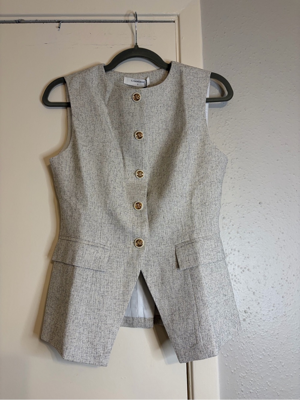 Commense Sleeveless Tweed Vest with Gold Buttons - Light Gray